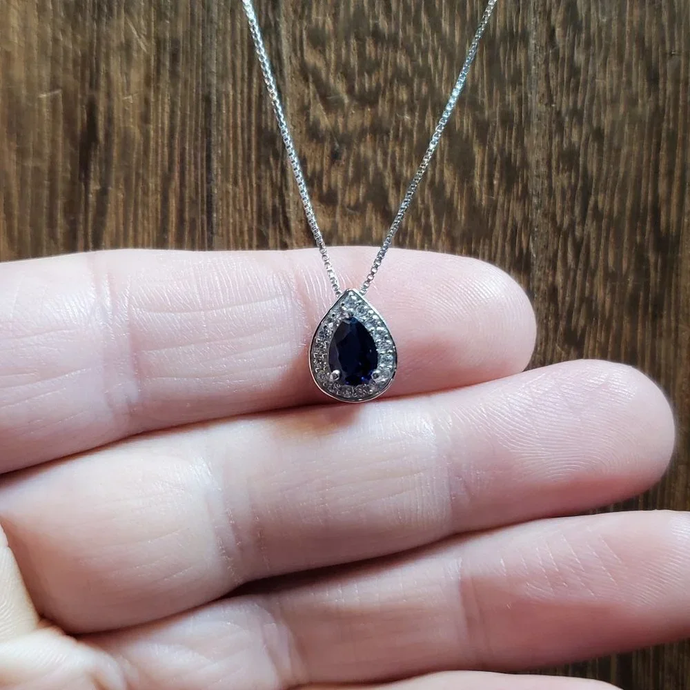 18 Inch 925 Sterling Silver Blue And Clear Sapphire Pendant Necklace - Picture 1 of 9